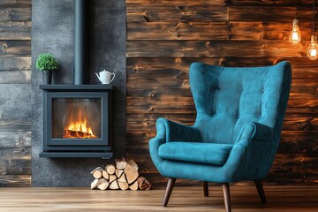 A cozy furnished apartment with a niche in a wooden wall and an armchair.