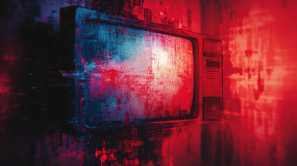 Abstract retro television screen glitch with vibrant red and blue colors, distorted image, representing technology malfunction, digital art, retro aesthetic, visual distortion, tech decay, glitch art