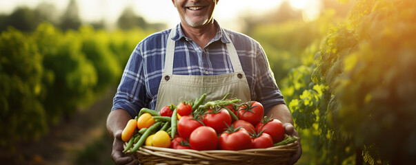 Smiling farmer holds a basket of fresh vegetables during a sunny day in a vibrant vineyard