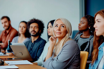 Fototapeta premium A diverse group of professionals from different cultural backgrounds attentively participating in a boardroom meeting, fostering teamwork and collaboration in a modern workspace