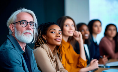 Fototapeta premium A diverse group of professionals, including men and women of different ages, attentively watch a presentation in a modern business setting