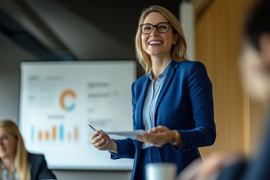 A confident female business leader gives a presentation during a corporate meeting, smiling and engaging with her audience while standing in front of a data chart