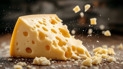 A cheese splash mid-air with shredded cheese pieces flying against a white background