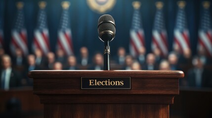 "Election podium with microphone in front of American flags, political event, government speech, public address, democracy, political campaign, USA elections, civic duty, public speaking"