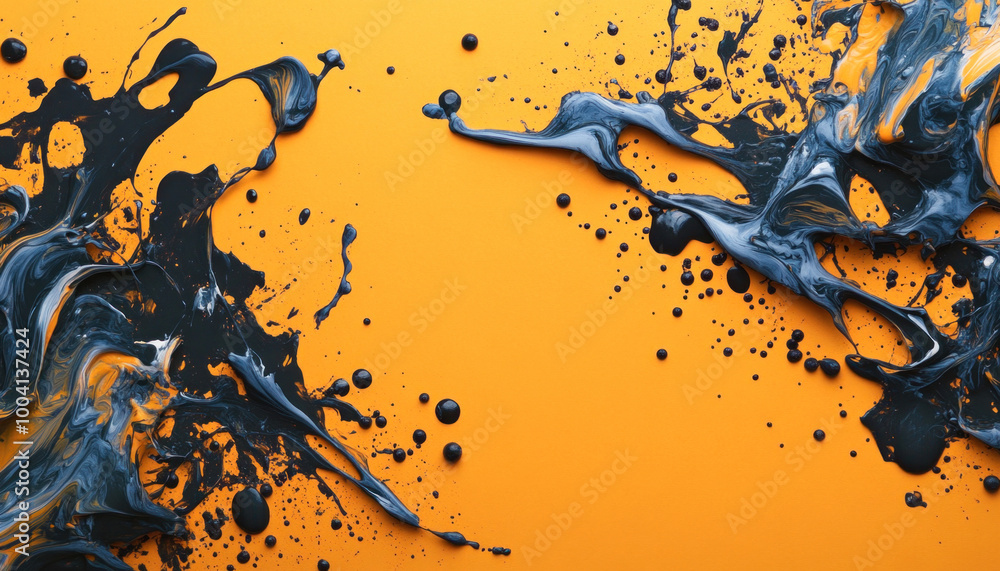 Poster black paint splashing on vibrant yellow background creating abstract forms