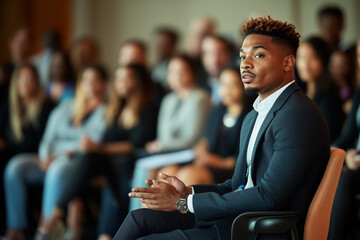 A young Black businessman sits attentively while engaging in a conference discussion, surrounded by a diverse audience, showcasing professionalism and leadership in a formal setting