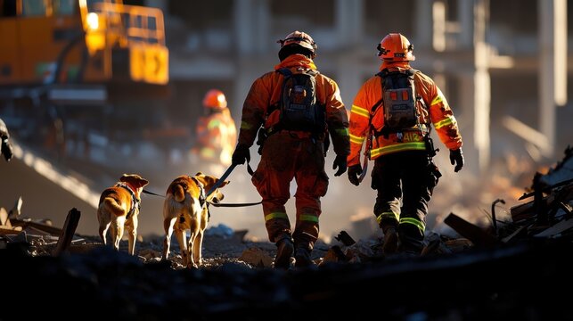 Rescue Workers and Search Dogs Scouring Collapsed Site for Survivors in Reflective Gear Amidst Debris and Destruction