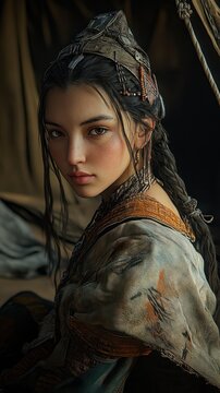 Profile Portrait of a Woman in 15th Century Traditional Tungus Dress, Authentic Historical Representation