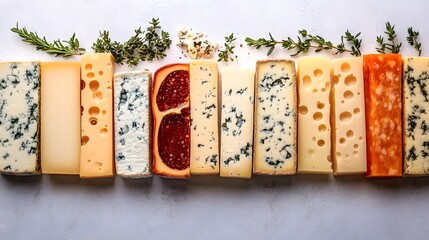Various cheese cubes arranged artistically in a colorful pattern on a white surface
