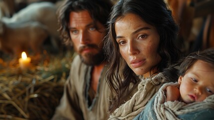 A serene moment in a rustic stable with a family gathered around their child during a quiet night. Generative AI