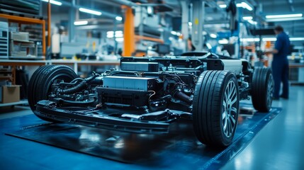 Fototapeta premium Electric Car Chassis in Factory.