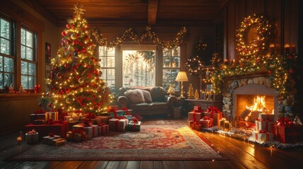 A cozy holiday retreat with a sparkling Christmas tree and glowing fireplace set in a charming cabin. Generative AI