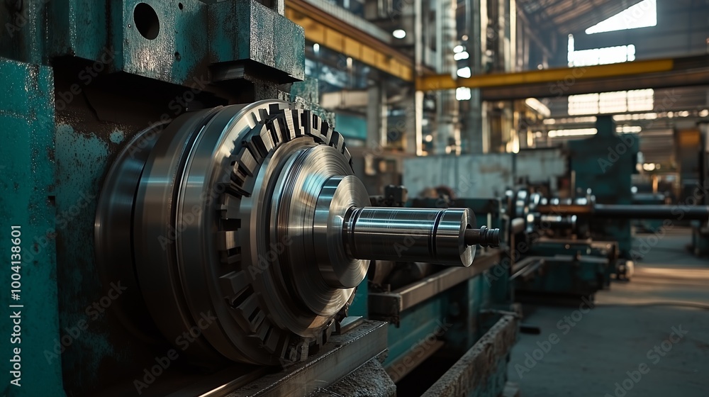 Poster Industrial machinery in a large factory setting with shafts and gears being processed during daylight hours