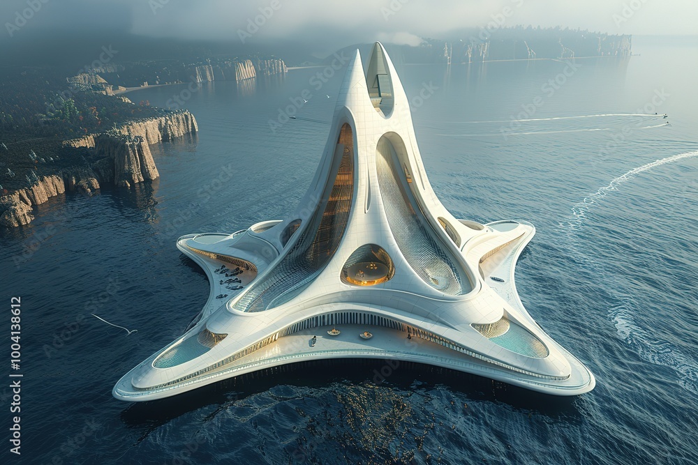 Poster a large white building with a triangular shape is floating on the water
