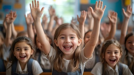 Fototapeta premium a group of children with their hands up
