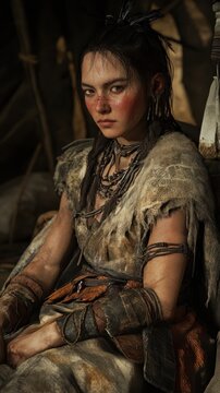 Profile Portrait of a Woman in 15th Century Traditional Tungus Dress, Authentic Historical Representation