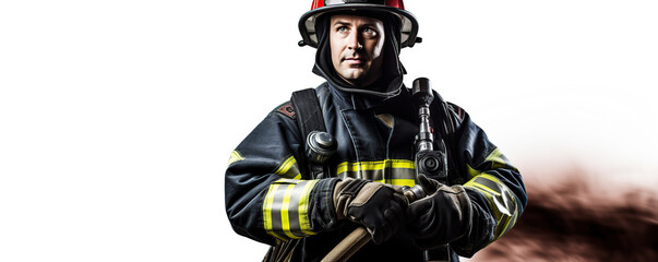 Naklejka premium A firefighter in protective gear stands ready with a hose during a training exercise in a controlled environment