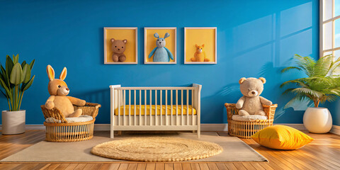 Mock up frame in children room with natural wooden furniture, Scandinavian style interior background, 3D render Children's bedroom, wooden bed, blue background