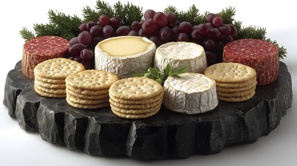 Variety of cheeses displayed on a rustic cheese board with grapes, herbs, and crackers
