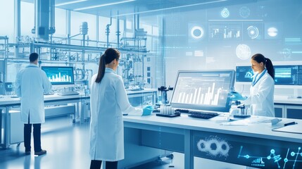 Scientists working in a modern laboratory with digital displays.