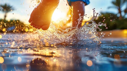 Fototapeta premium Summer Splash: Happy Children Playing in Sparkling Pool Surrounded by Palm Trees