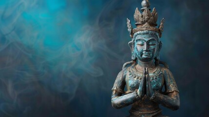 Fototapeta premium Bronze Buddha Statue with Blue Background