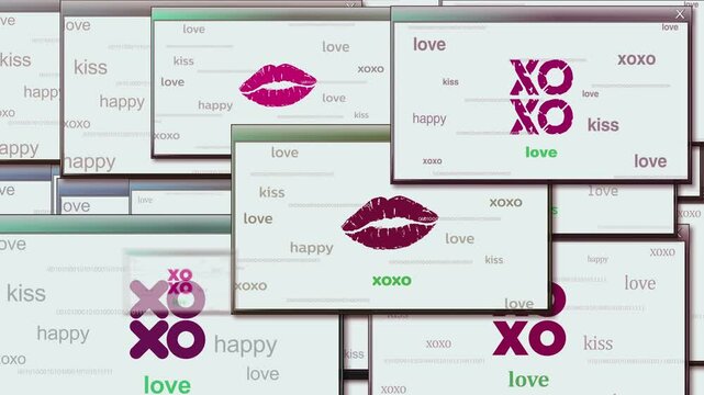 Xoxo love and kiss symbol technology loop concept. Abstract sign on pop up windows. Seamless and looped.