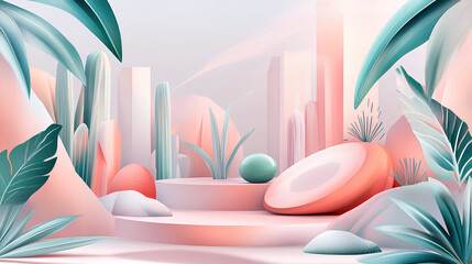 Futuristic Garden Scene with Geometric Elements
