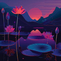 Lotus Pond at Sunset with Vibrant Colors