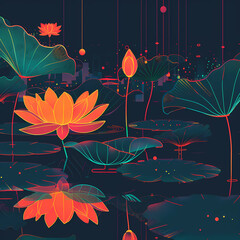 Nighttime Lotus Pond with Neon Colors