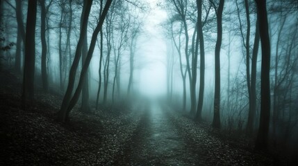 Obraz premium Misty Forest Path Mysterious Woods Foggy Woodland Trail