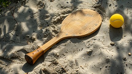 Wooden rackets and yellow ball in the sand on the beach