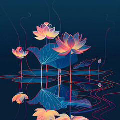 Illuminated Lotus Flowers in Dark Environment