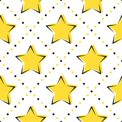Yellow doodle stars with black outline on white dotted background. Vector seamless pattern.