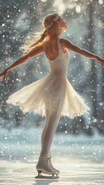 A woman in a white dress is skating on ice