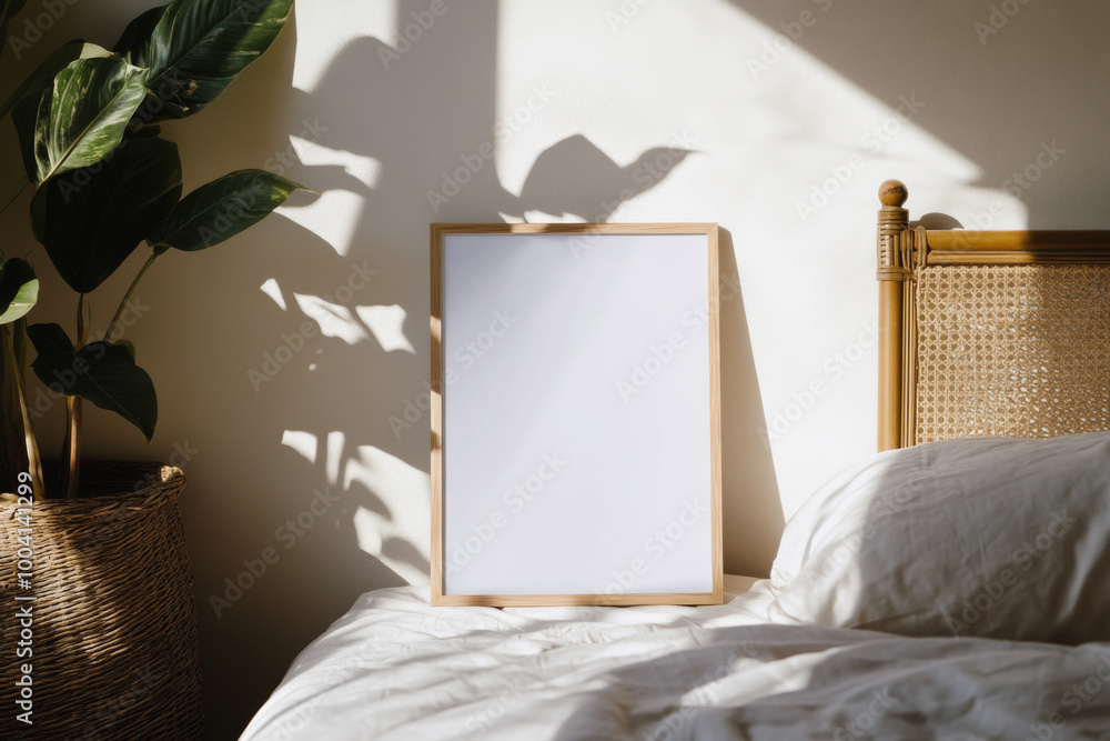 Wall mural frame mockup - close up, white background, cozy interior