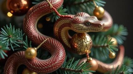 Fototapeta premium Symbol of the new year 2025 snake on a Christmas tree
