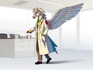 animal mystical fantasy creation pegasus wearing a doctor's uniform white coat AI generated