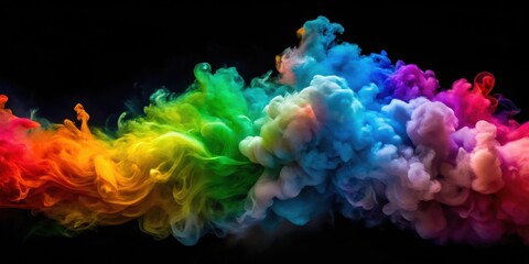Vibrant multicolored smoke clouds art installation on dark background for creative studio