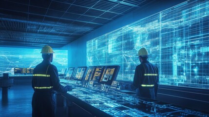 Control Room Workers Monitoring Data.