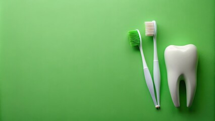 Dental Health and Hygiene Concept with Tooth and Eco Toothbrushes on Green Background