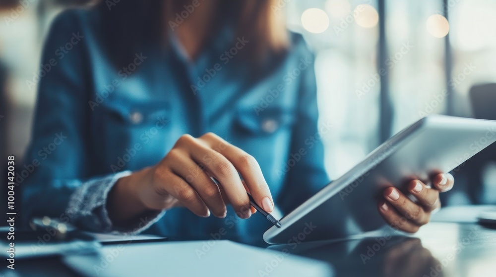 Aufkleber a person using a tablet while sitting at a table, engaged in digital tasks.