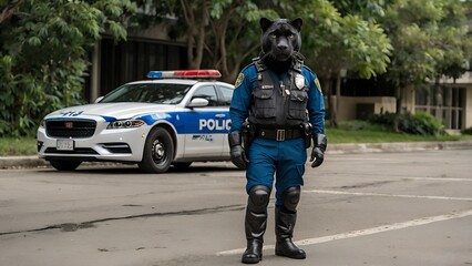 animal predator black panther dressed as a police rescuer uniform AI generated