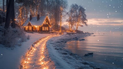 Obraz premium cozy winter cottage near a beach adorned with twinkling lights that create a magical ambiance blending the warmth of home with the coolness of the seaside landscape