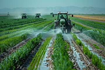 Fototapeta premium A tractor is spraying water on a field