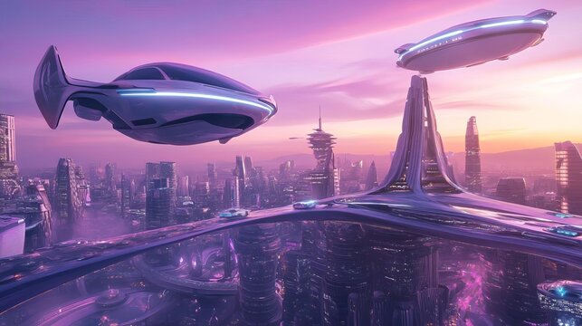 Futuristic Cityscape with Flying Cars and Airships at Sunset