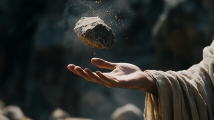 Obraz premium A close-up of Jesus's hand, palm facing upward, in the act of tossing a rock straight up.