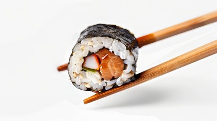 Chopstick holding sushi marinated in soy sauce
