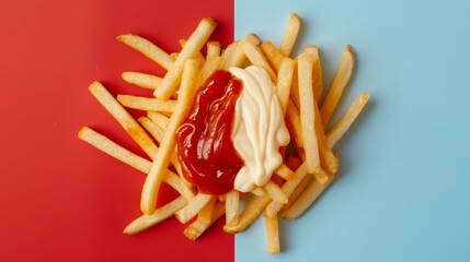 Collage of tasty french fries with ketchup and mayonnaise on pastel background