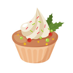 Yummy decorative cupcake gor Christmas holiday celebration isolated on white background.
